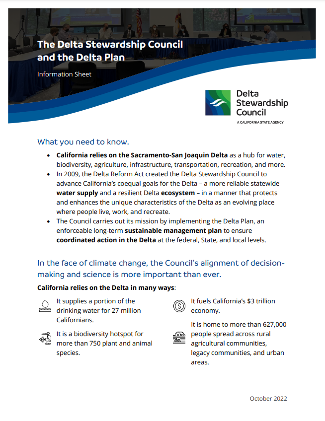 The Delta Stewardship Council and the Delta Plan information sheet.