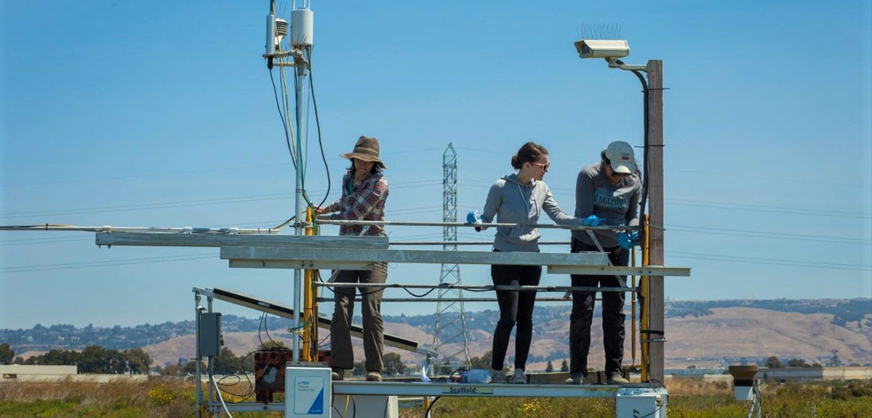 Three female researchers install equipment on a monitoring tower in the Sacramento-San Joaquin Delta. Three female researchers install equipment on a monitoring tower in the Sacramento-San Joaquin Delta.