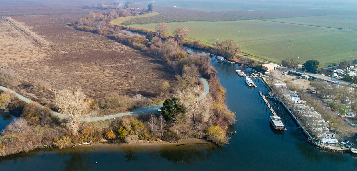 An aerial view of the southern tip of McCormack-Williamson Tract in the Sacramento-San Joaquin Delta. An aerial view of the southern tip of McCormack-Williamson Tract in the Sacramento-San Joaquin Delta.