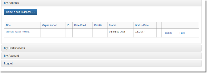 Example of a Delta Stewardship Council appeals account screen. Example of a Delta Stewardship Council appeals account screen.