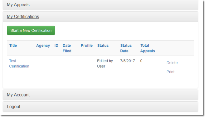 Example of a Delta Stewardship Council certifications account screen. Example of a Delta Stewardship Council certifications account screen.