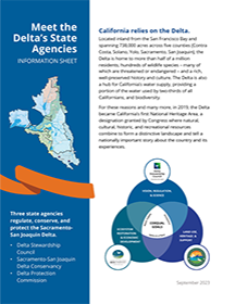 A screenshot of an information sheet describing the unique missions of the California state agencies focused on the Sacramento-San Joaquin Delta: the Delta Stewardship Council, the Delta Protection Commission, and the Delta Conservancy.