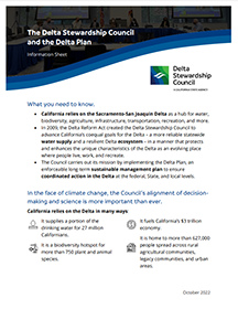 A screenshot of the first page of an information sheet about the Delta Stewardship Council, a California state agency, and the Delta Plan.