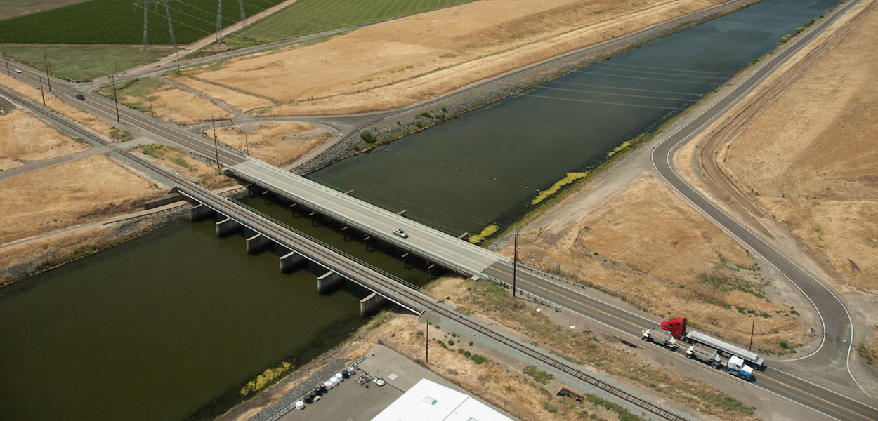 Aerial view looking southwest toward the Byron Road Bridge near, a reservoir in the Sacramento-San Joaquin River Delta.