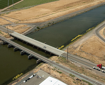 Aerial view looking southwest toward the Byron Road Bridge near, a reservoir in the Sacramento-San Joaquin River Delta.