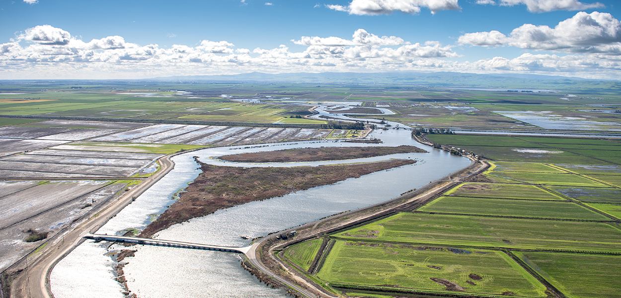 Aerial view looking south over Middle River in San Joaquin County, near Bacon Island and Jones Tract in the Sacramento-San Joaquin River Delta.