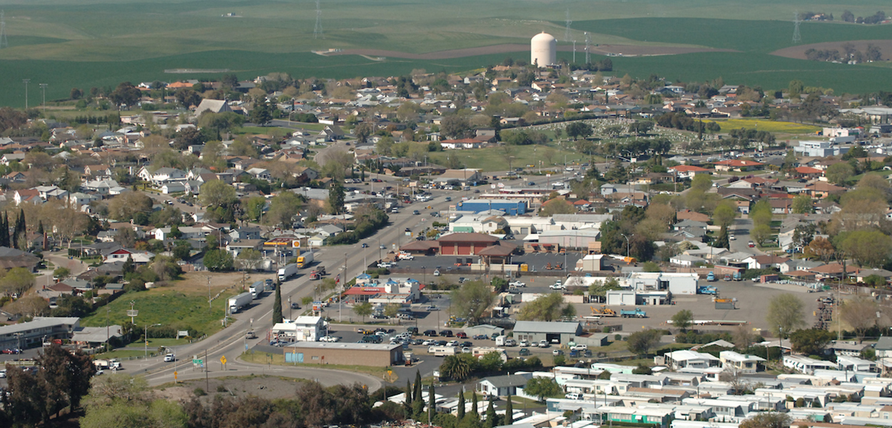 An aerial view of buildings in Rio Vista, California.