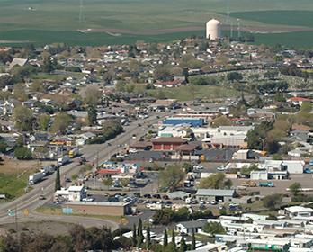 An aerial view of buildings in Rio Vista, California.