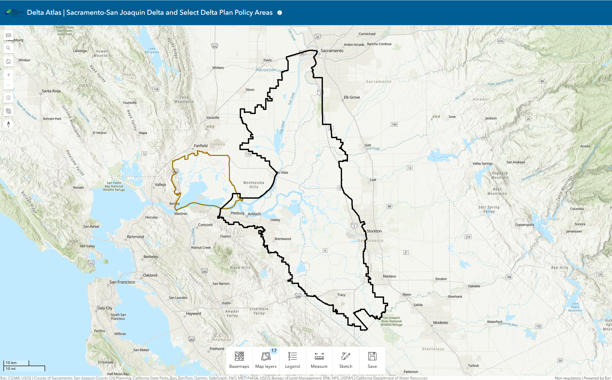A screenshot of an atlas illustrating the Sacramento-San Joaquin Delta.