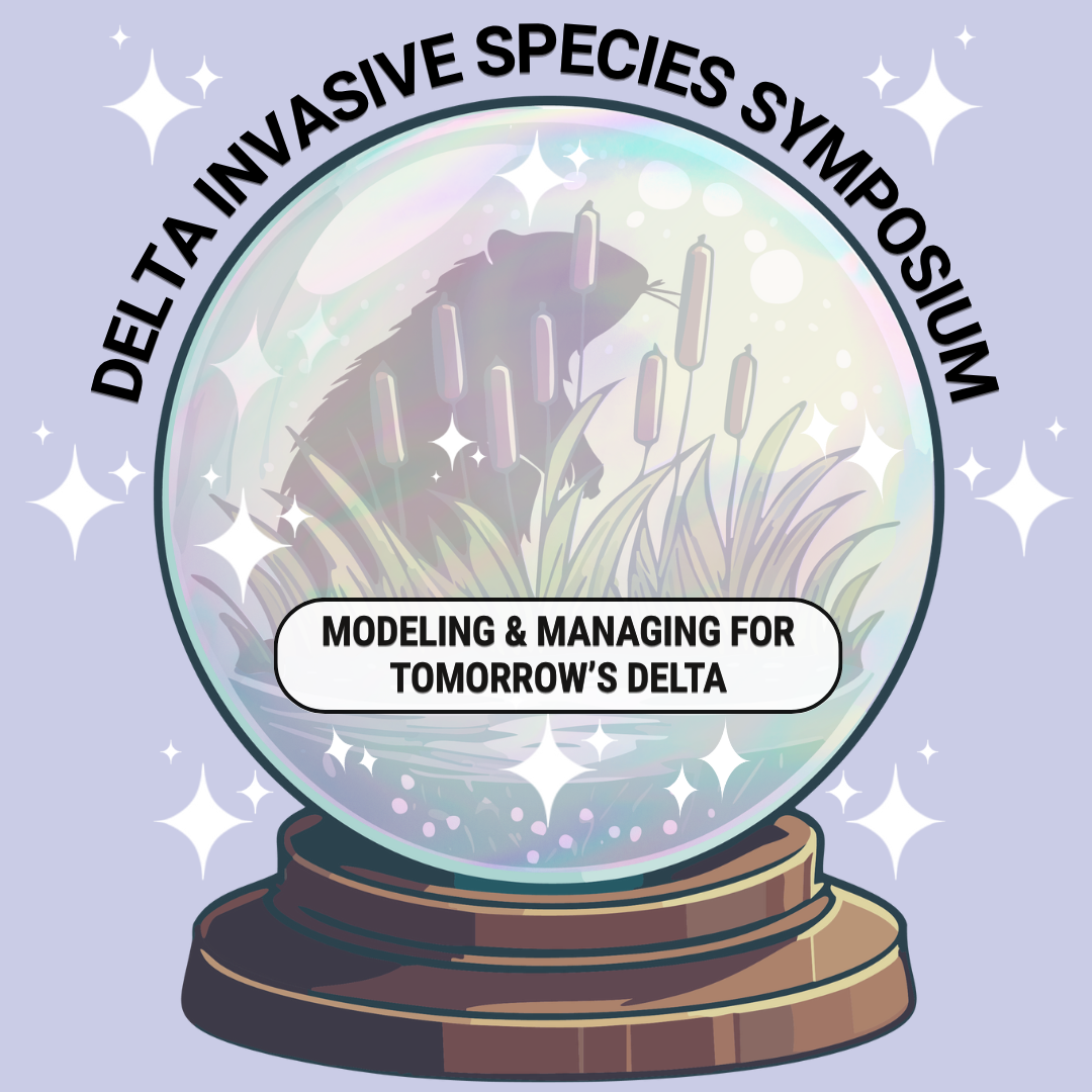 A logo for the Delta Invasive Species Symposium that says modeling and managing for tomorrow’s Delta.