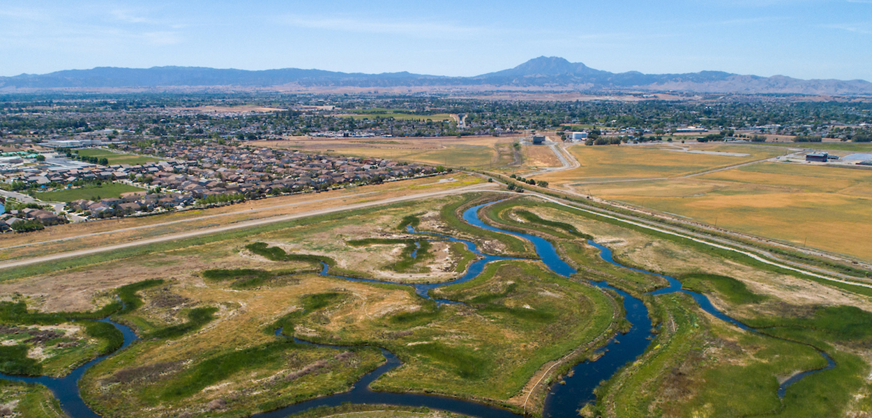 Aerial view of the Dutch Slough Tidal Marsh Restoration Project site, located in the Sacramento-San Joaquin Delta near Oakley, California.