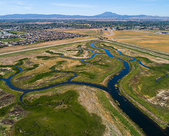 Aerial view of the Dutch Slough Tidal Marsh Restoration Project site, located in the Sacramento-San Joaquin Delta near Oakley, California.