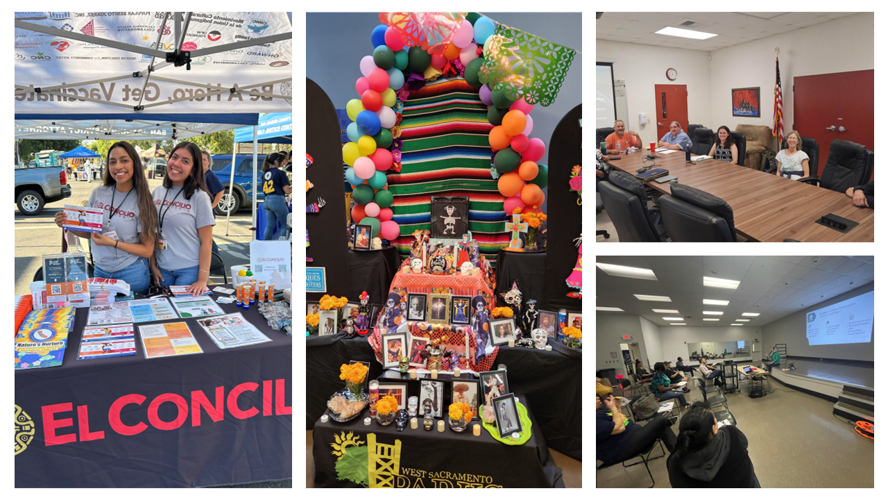 Images from outreach related to Delta Adapts 2023-2024. Images from left to right and top to bottom: El Concilio staff at a Stockton Neighborhood Night Out Event Summer 2024, Arts in the Heart Dia De Los Muertos Display in West Sacramento, Council staff with Hood Community Council, Council staff presenting at a Conway Homes Resident Council meeting in Stockton.