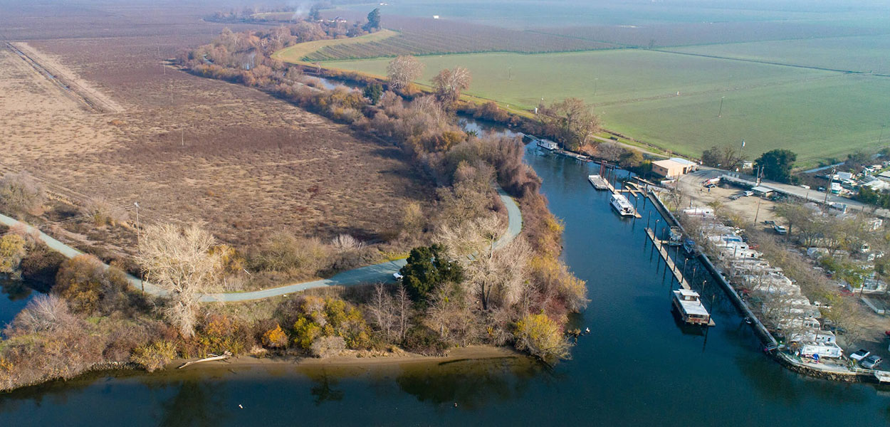 An aerial view of the southern tip of McCormack-Williamson Tract in the Sacramento-San Joaquin Delta.