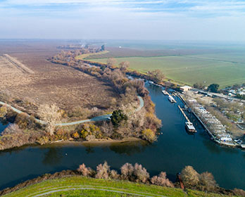 An aerial view of the southern tip of McCormack-Williamson Tract in the Sacramento-San Joaquin Delta.