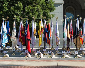 Flags on display for Native American Day at the California State Capitol.