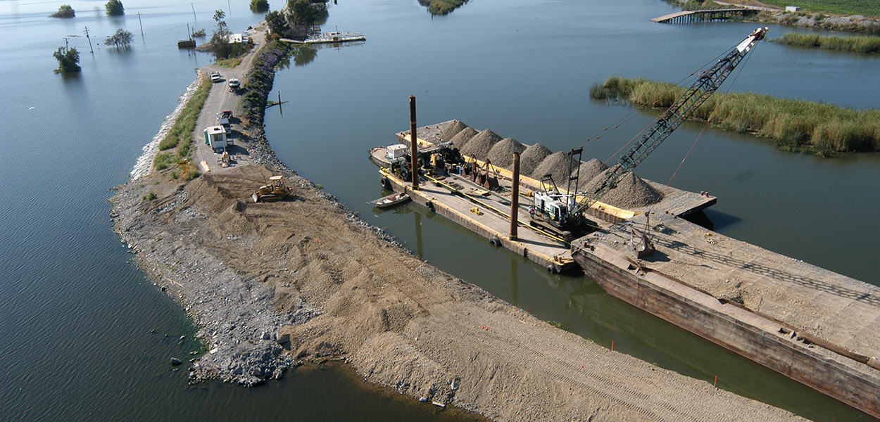 Aerial view of repair work being done at the Jones Tract levee breach site.