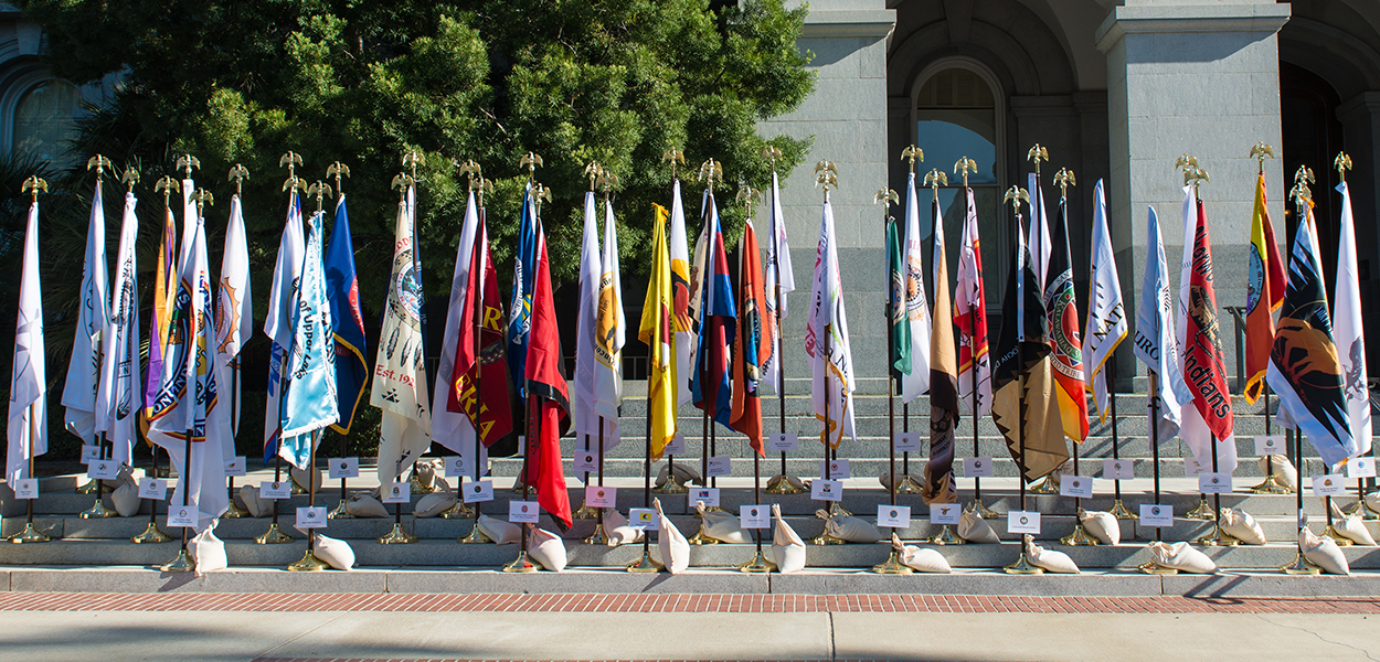 Tribal Flags Tribal flags are displayed during Native American Day on the south steps of the California State Capitol.